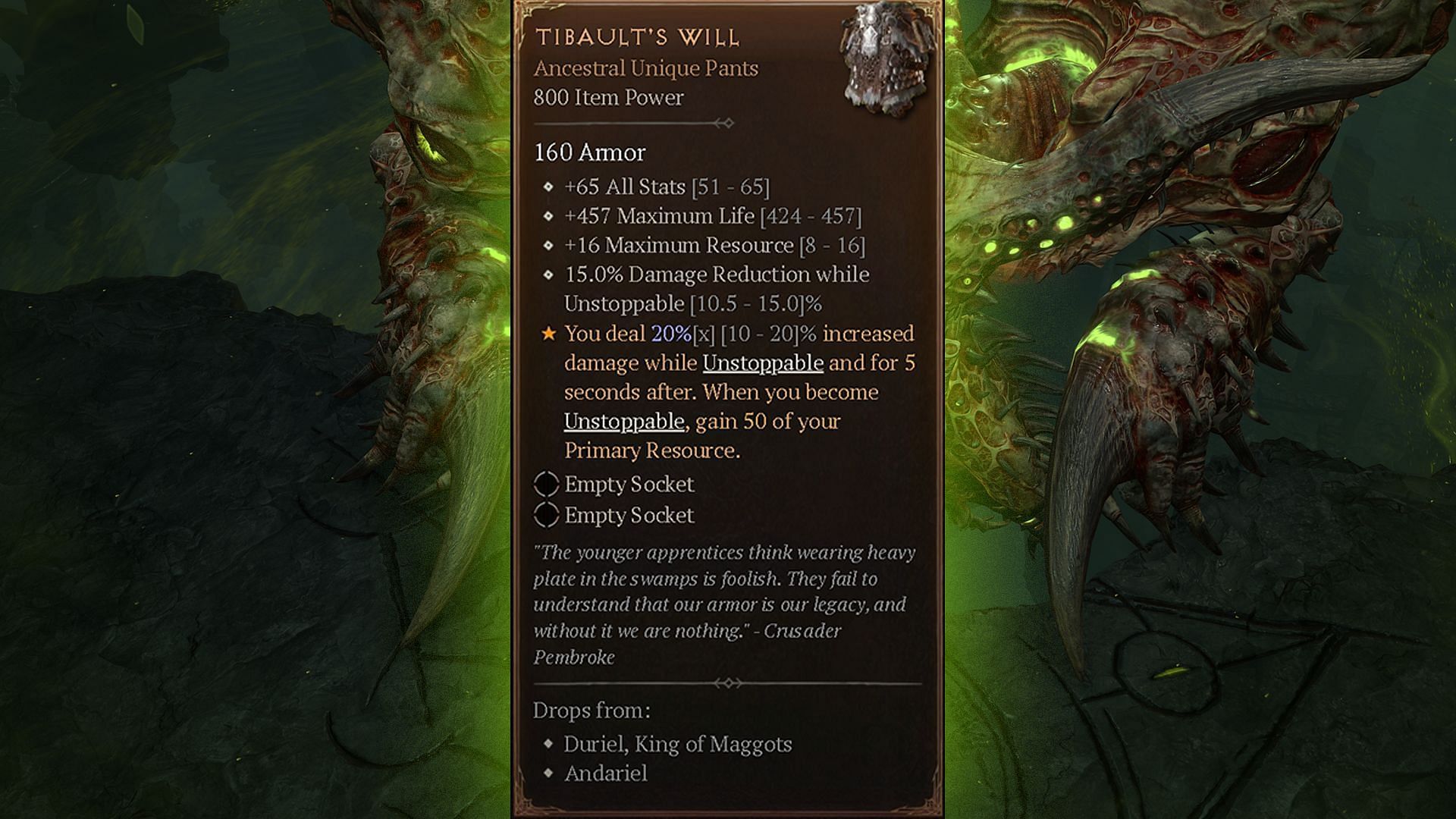 Tibault’s Will is a pair of Unique Pants that any class in Diablo 4 can equip (Image via Blizzard Entertainment)